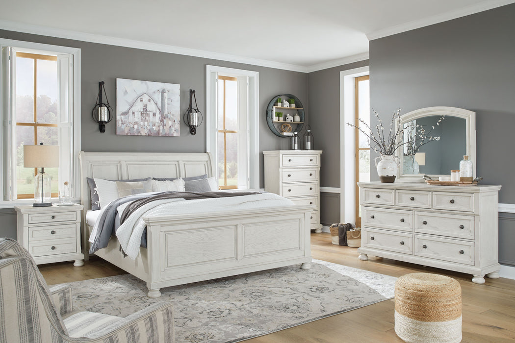 Robbinsdale - 8 Pc. - Dresser, Mirror, Chest, King Sleigh Bed, 2 Nightstands - Antique White