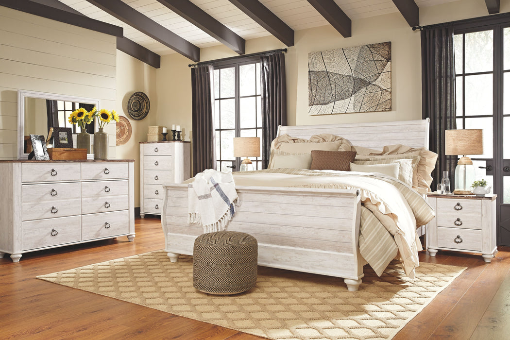 Willowton - 7 Pc. - Dresser, Mirror, King Sleigh Bed, 2 Nightstands - Whitewash
