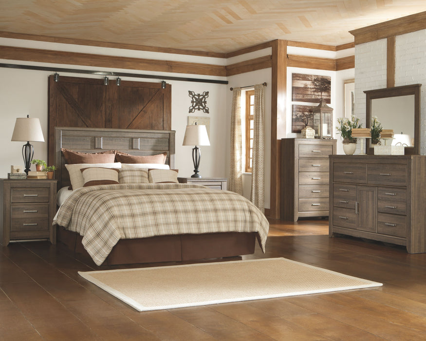 Juararo - 6 Pc. - Dresser, Mirror, Chest, Queen Panel Headboard, 2 Nightstands - Dark Brown