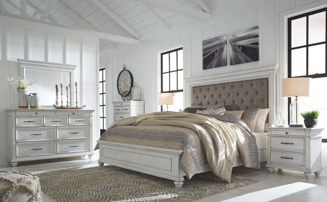 Kanwyn - 6 Pc. - Dresser, Mirror, Chest, California King Panel Upholstered Bed - Whitewash