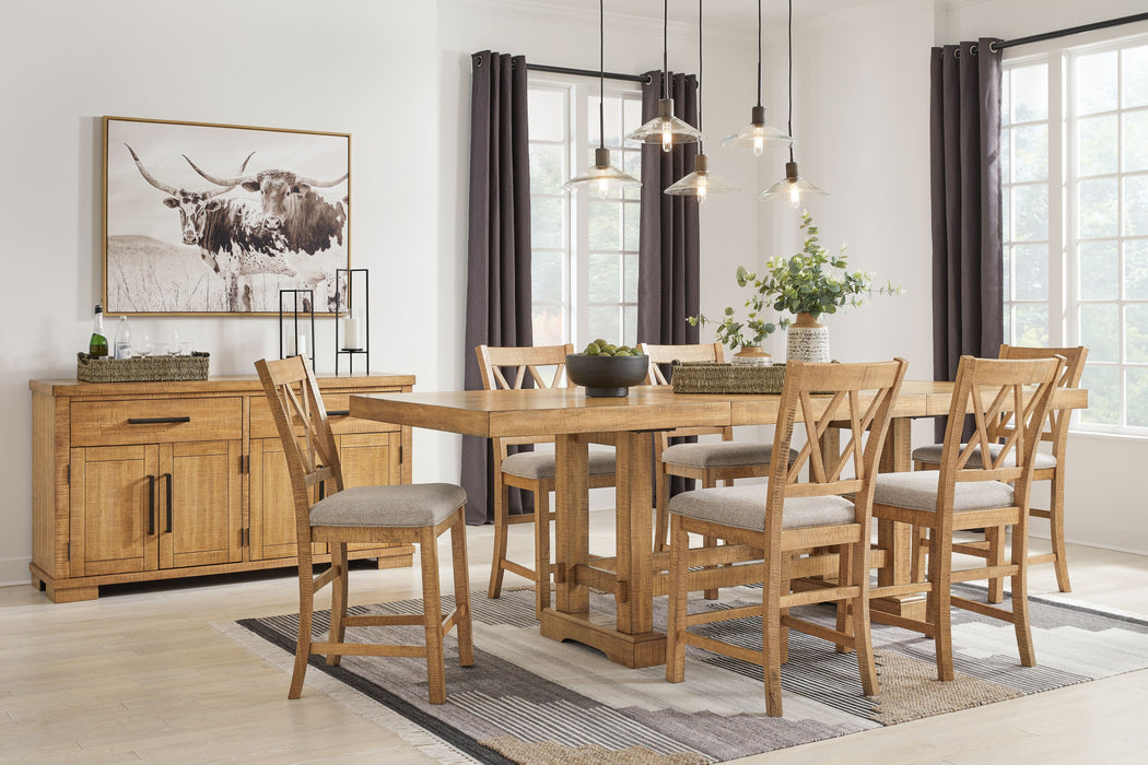 Havonplane - 7 Pc. - Counter Extension Table, 6 Upholstered Barstools - Brown