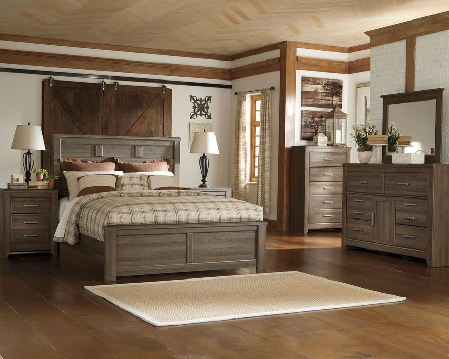 Juararo - 8 Pc. - Dresser, Mirror, Chest, Queen Panel Bed, 2 Nightstands - Dark Brown