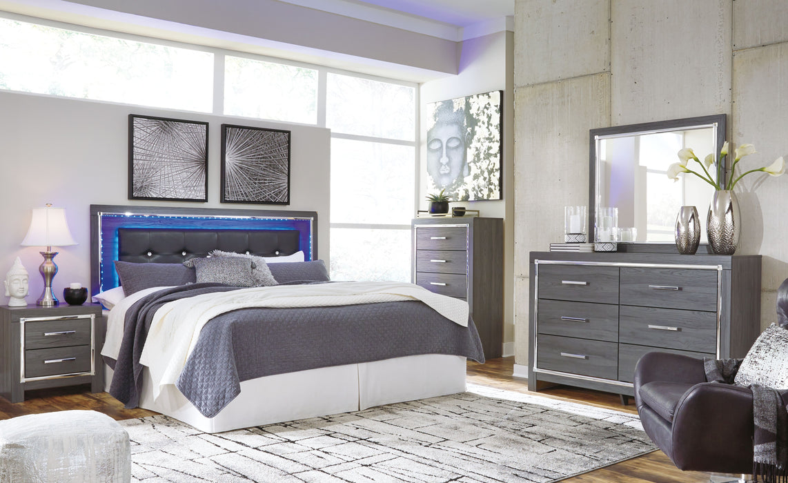 Lodanna - 4 Pc. - Dresser, Mirror, King Upholstered Panel Headboard with Bolt on Bed Frame - Gray
