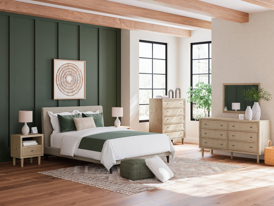 Cielden - 6 Pc. - Dresser, Mirror, Chest, Queen Upholstered Bed With Roll Slats, 2 Nightstands - Soft Gray / Beige