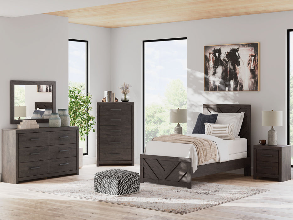 Prendonea - 6 Pc. - Dresser, Mirror, Twin Panel Bed, 2 Nightstands - Charcoal