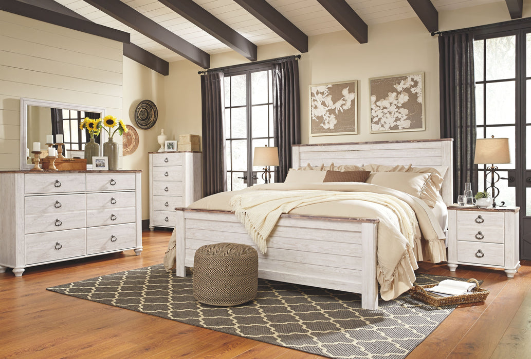 Willowton - 7 Pc. - Dresser, Mirror, King Panel Bed, 2 Nightstands - Whitewash