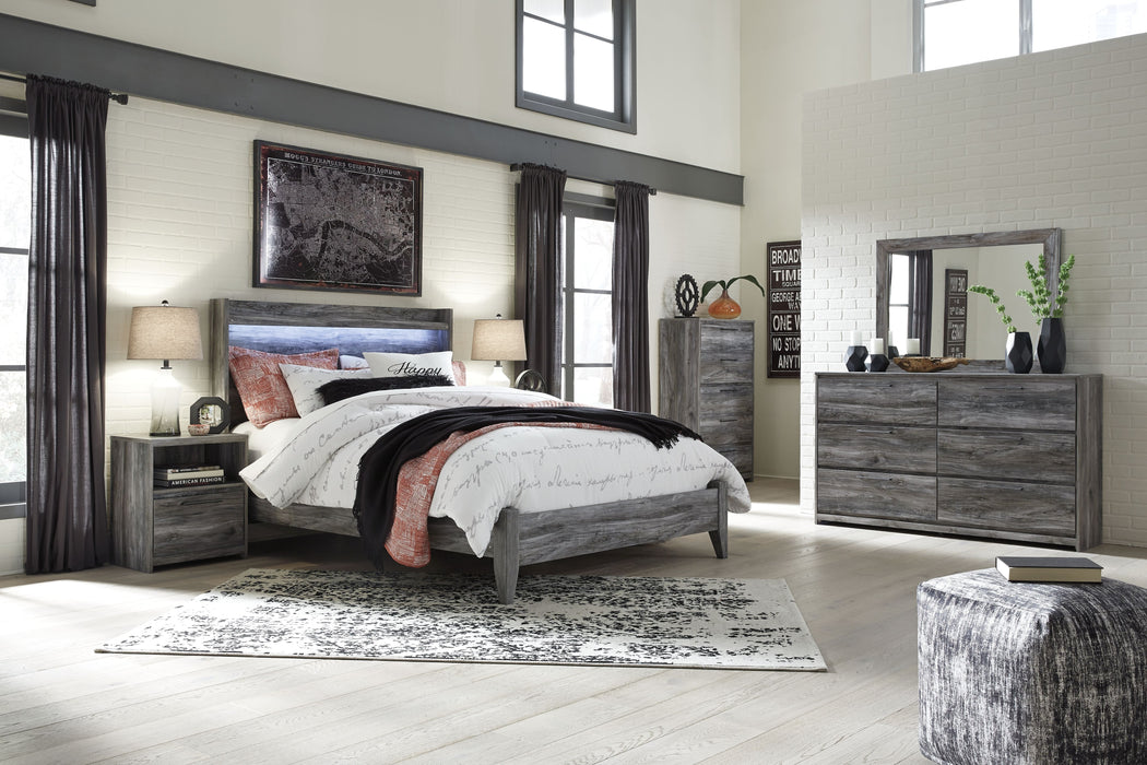Baystorm - 6 Pc. - Dresser, Mirror, Queen Panel Bed, 2 Nightstands - Gray