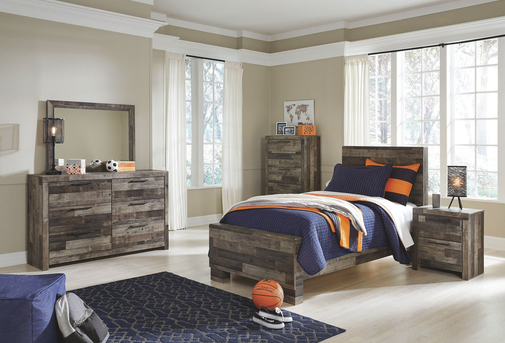 Derekson - 6 Pc. - Dresser, Mirror, Twin Panel Bed, Nightstand - Multi Gray