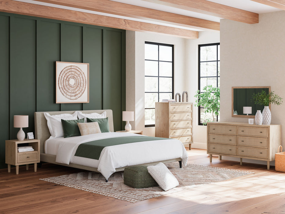 Cielden - 3 Pc. - Dresser, Mirror, California King Upholstered Bed With Roll Slats - Soft Gray / Beige