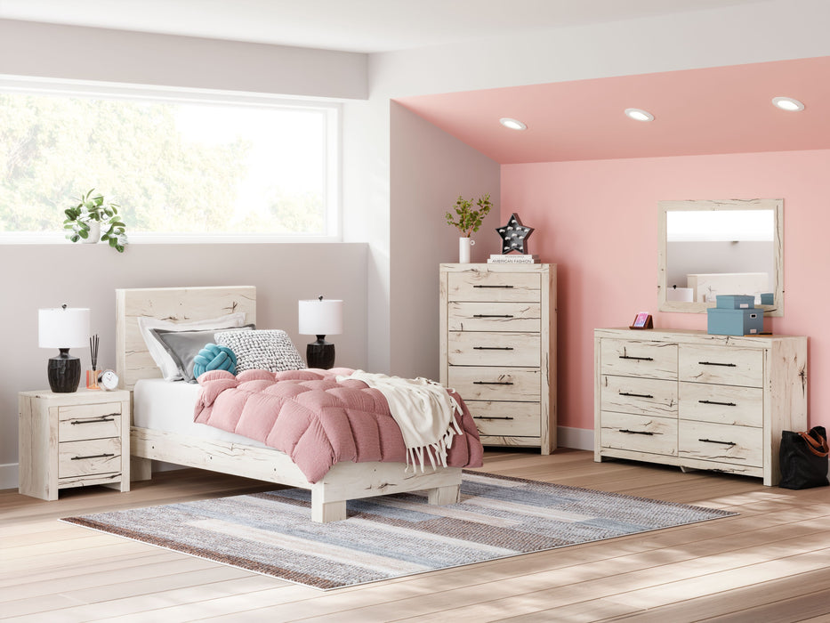 Lawroy - 8 Pc. - Dresser, Mirror, Chest, Twin Panel Bed, 2 Nightstands - Light Natural