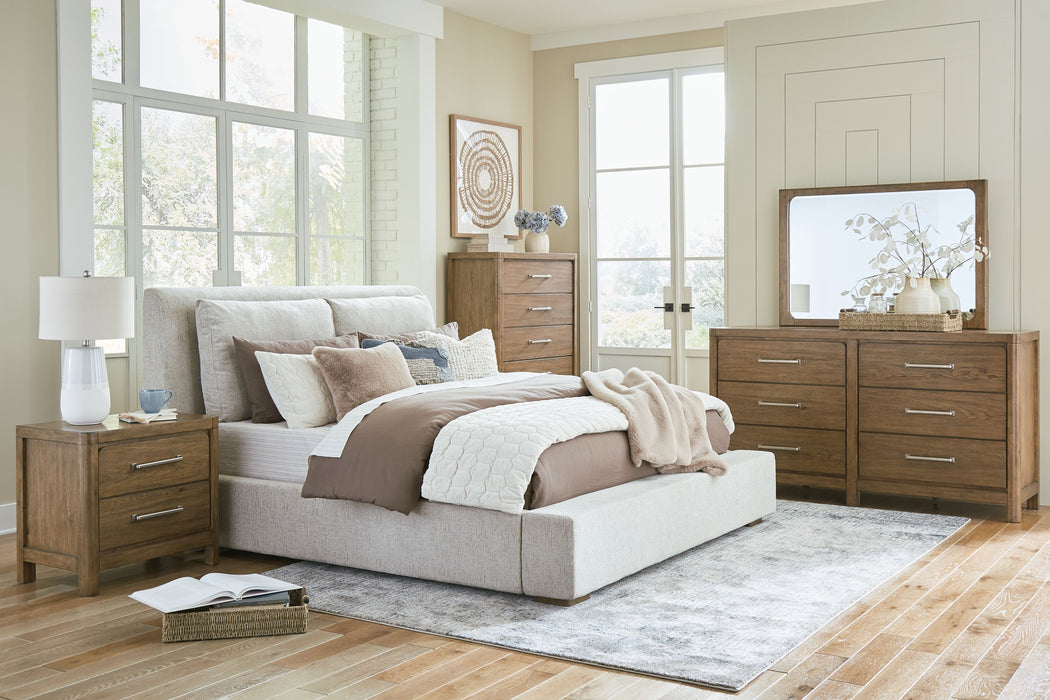 Cabalynn - 6 Pc. - Dresser, Mirror, California King Upholstered Bed, 2 Nightstands - Light Brown