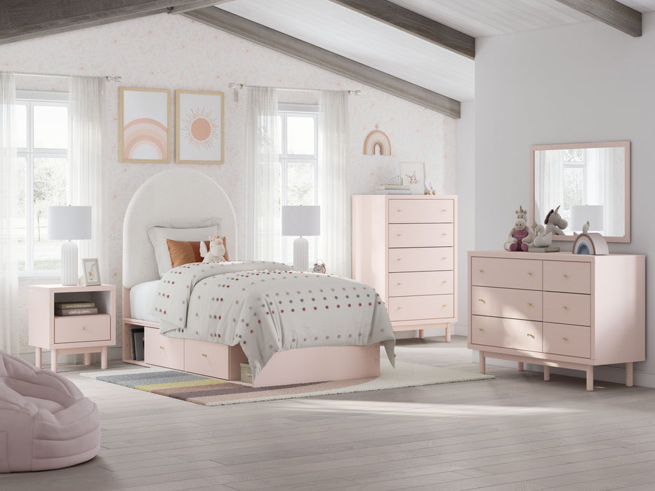 Wistenpine - 9 Pc. - Dresser, Mirror, Chest, Twin Upholstered Panel Bed With Side Storage, 2 Nightstands - Blush